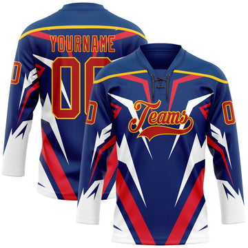Custom US Navy Blue Red Yellow-White 3D Abstract Pattern Graphic Cyber Mecha E-sport Hockey Lace Neck Jersey