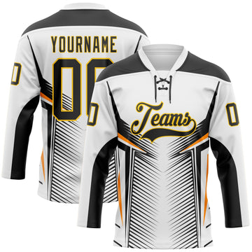 Custom White Black Yellow-Orange 3D Abstract Pattern Graphic Cyber Mecha E-sport Hockey Lace Neck Jersey