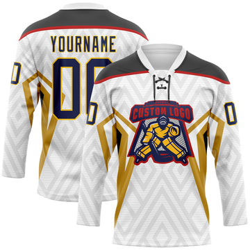Custom White Navy Old Gold Yellow Black-Red 3D Abstract Pattern Graphic Cyber Mecha E-sport Hockey Lace Neck Jersey