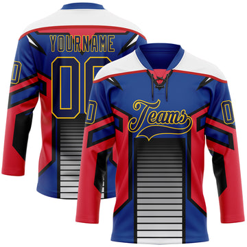 Custom Blue Navy Red Black Yellow-White 3D Abstract Pattern Graphic Cyber Mecha E-sport Hockey Lace Neck Jersey