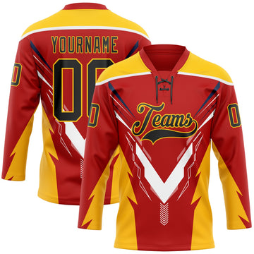 Custom Red Black Yellow-White 3D Abstract Pattern Graphic Cyber Mecha E-sport Hockey Lace Neck Jersey