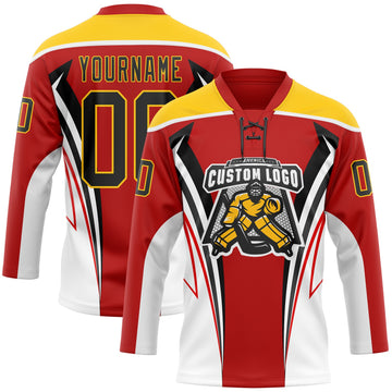 Custom Red Black Yellow-White 3D Abstract Pattern Graphic Cyber Mecha E-sport Hockey Lace Neck Jersey