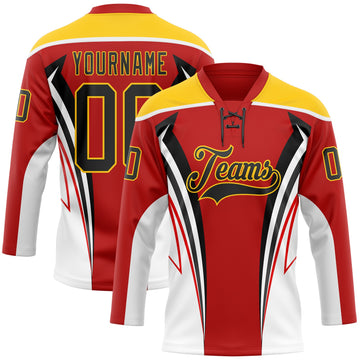 Custom Red Black Yellow-White 3D Abstract Pattern Graphic Cyber Mecha E-sport Hockey Lace Neck Jersey