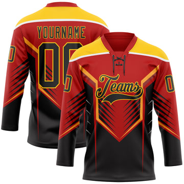 Custom Red Black Yellow-White 3D Abstract Pattern Graphic Cyber Mecha E-sport Hockey Lace Neck Jersey