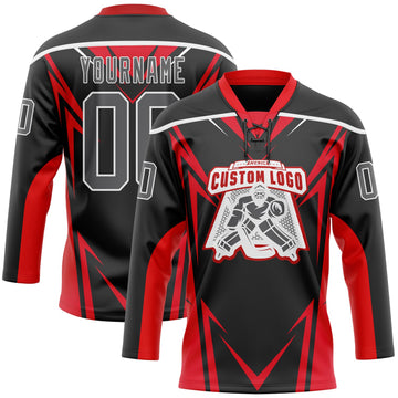 Custom Black Steel Gray Red-White 3D Abstract Pattern Graphic Cyber Mecha E-sport Hockey Lace Neck Jersey