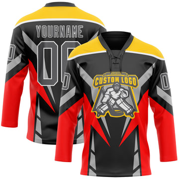 Custom Black Steel Gray Red Yellow-White 3D Abstract Pattern Graphic Cyber Mecha E-sport Hockey Lace Neck Jersey