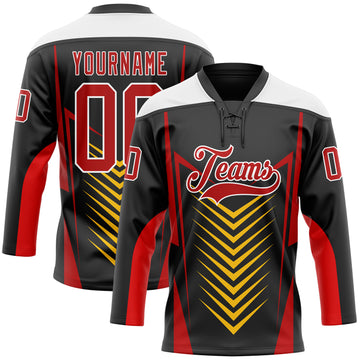 Custom Black Red Yellow-White 3D Abstract Pattern Graphic Cyber Mecha E-sport Hockey Lace Neck Jersey