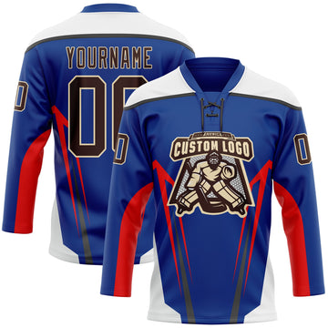 Custom Royal Brown Red Black Cream-White 3D Abstract Pattern Graphic Cyber Mecha E-sport Hockey Lace Neck Jersey