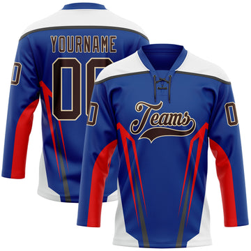 Custom Royal Brown Red Black Cream-White 3D Abstract Pattern Graphic Cyber Mecha E-sport Hockey Lace Neck Jersey