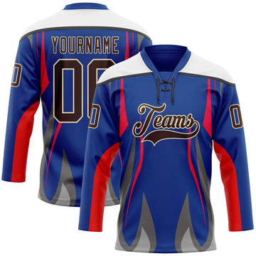 Custom Royal Brown Red Gray Black Cream-White 3D Abstract Pattern Graphic Cyber Mecha E-sport Hockey Lace Neck Jersey