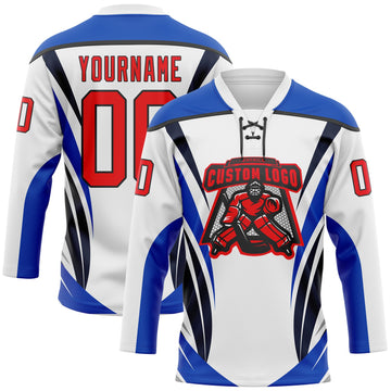 Custom White Fire Red Thunder Blue-Black 3D Abstract Pattern Graphic Cyber Mecha E-sport Hockey Lace Neck Jersey