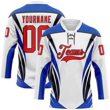 Custom White Fire Red Thunder Blue-Black 3D Abstract Pattern Graphic Cyber Mecha E-sport Hockey Lace Neck Jersey