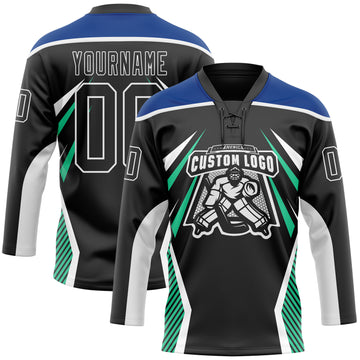 Custom Black Royal Green-White 3D Abstract Pattern Graphic Cyber Mecha E-sport Hockey Lace Neck Jersey