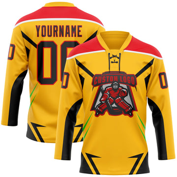 Custom Gold Black Fire Red Green-White 3D Abstract Pattern Graphic Cyber Mecha E-sport Hockey Lace Neck Jersey
