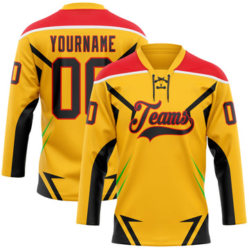 Custom Gold Black Fire Red Green-White 3D Abstract Pattern Graphic Cyber Mecha E-sport Hockey Lace Neck Jersey