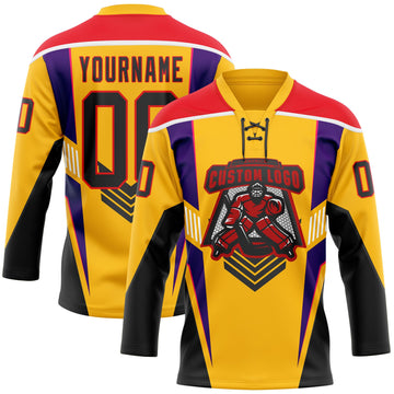 Custom Gold Black Fire Red Purple-White 3D Abstract Pattern Graphic Cyber Mecha E-sport Hockey Lace Neck Jersey