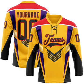 Custom Gold Black Fire Red Purple-White 3D Abstract Pattern Graphic Cyber Mecha E-sport Hockey Lace Neck Jersey