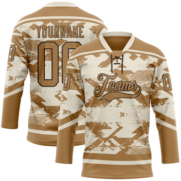 Custom Cream Old Gold-Brown 3D Pattern Tribal Indigenous Grunge Splash Hockey Lace Neck Jersey