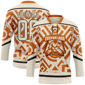 Custom Cream Texas Orange-Brown 3D Pattern Tribal Indigenous Grunge Geometric Splash Hockey Lace Neck Jersey