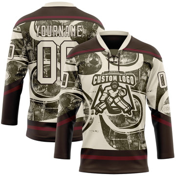 Custom Cream Olive Brown-Burgundy 3D Pattern Tribal Indigenous Grunge Splash Hockey Lace Neck Jersey