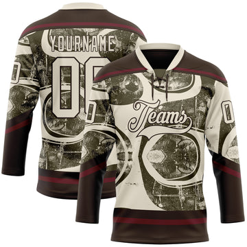 Custom Cream Olive Brown-Burgundy 3D Pattern Tribal Indigenous Grunge Splash Hockey Lace Neck Jersey