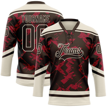Custom Brown Red-Cream 3D Pattern Tribal Indigenous Grunge Splash Hockey Lace Neck Jersey