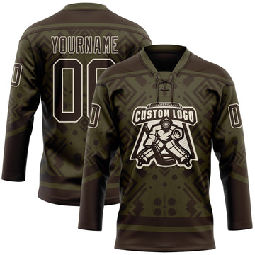 Custom Olive Brown-Cream 3D Pattern Tribal Indigenous Grunge Geometric Splash Hockey Lace Neck Jersey