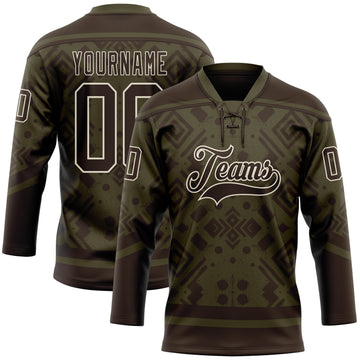 Custom Olive Brown-Cream 3D Pattern Tribal Indigenous Grunge Geometric Splash Hockey Lace Neck Jersey