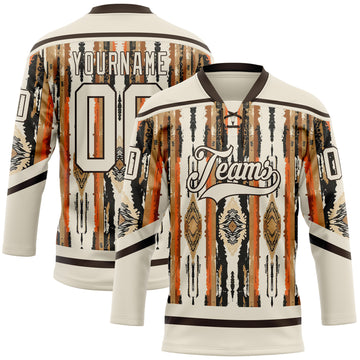 Custom Cream Brown Orange-Black 3D Pattern Tribal Indigenous Grunge Splash Hockey Lace Neck Jersey