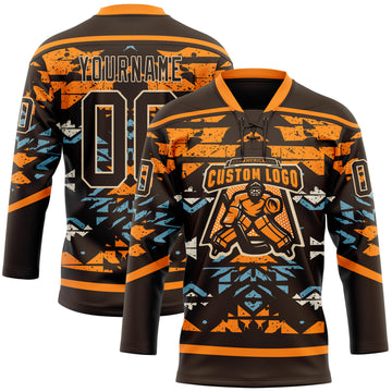 Custom Brown Bay Orange Blue-City Cream 3D Pattern Tribal Indigenous Grunge Splash Hockey Lace Neck Jersey