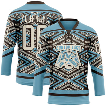 Custom Shadow Blue Cream-Brown 3D Pattern Tribal Indigenous Grunge Geometric Splash Hockey Lace Neck Jersey
