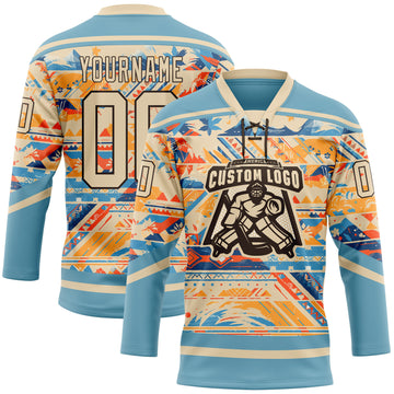 Custom Shadow Blue City Cream Brown-Orange 3D Pattern Tribal Indigenous Grunge Splash Hockey Lace Neck Jersey