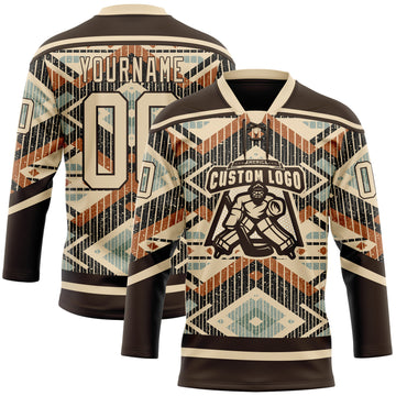 Custom Brown City Cream Orange-Blue 3D Pattern Tribal Indigenous Grunge Geometric Splash Hockey Lace Neck Jersey