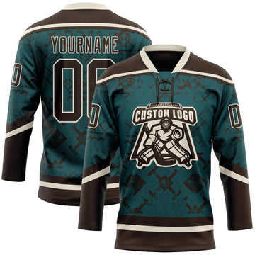 Custom Midnight Green Brown-Cream 3D Pattern Tribal Indigenous Grunge Splash Hockey Lace Neck Jersey
