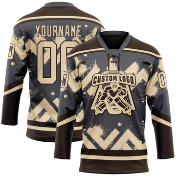 Custom Steel Gray City Cream-Brown 3D Pattern Tribal Indigenous Grunge Geometric Splash Hockey Lace Neck Jersey