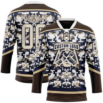 Custom Navy Cream Brown-Vegas Gold 3D Pattern Tribal Indigenous Grunge Floral Splash Hockey Lace Neck Jersey