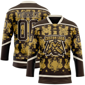 Custom Brown Old Gold-Cream 3D Pattern Tribal Indigenous Grunge Splash Hockey Lace Neck Jersey