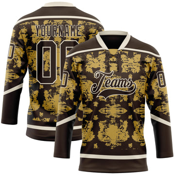 Custom Brown Old Gold-Cream 3D Pattern Tribal Indigenous Grunge Splash Hockey Lace Neck Jersey