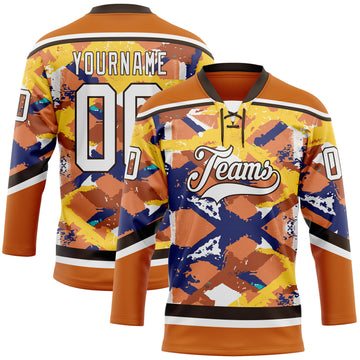 Custom Texas Orange White Yellow Blue-Brown 3D Pattern Tribal Indigenous Grunge Splash Hockey Lace Neck Jersey