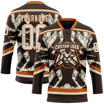 Custom Brown Cream-Texas Orange 3D Pattern Tribal Indigenous Grunge Splash Hockey Lace Neck Jersey