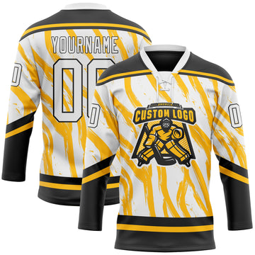 Custom White Gold-Black 3D Pattern Abstract Boston Inspired Fluid Hockey Lace Neck Jersey