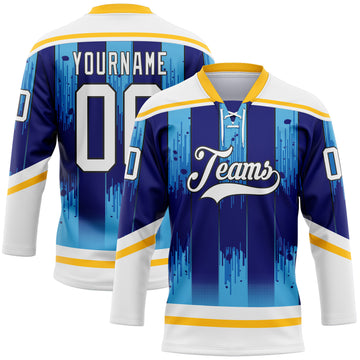 Custom White Blue Gold-Black 3D Pattern Abstract Buffalo Inspired Stripe Hockey Lace Neck Jersey