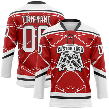 Custom Red White-Black 3D Pattern Abstract Detroit Inspired Line Hockey Lace Neck Jersey