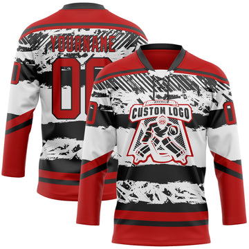 Custom White Red-Black 3D Pattern Abstract Detroit Inspired Line Hockey Lace Neck Jersey