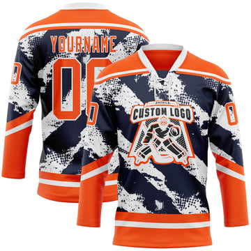 Custom Orange Navy-White 3D Pattern Abstract Edmonton Inspired Splash Hockey Lace Neck Jersey