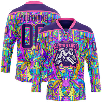 Custom Purple Pink-Yellow 3D Pattern Trippy Psychedelic Hockey Lace Neck Jersey