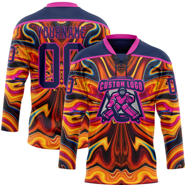 Custom Navy Yellow-Deep Pink 3D Pattern Trippy Psychedelic Fluid Hockey Lace Neck Jersey