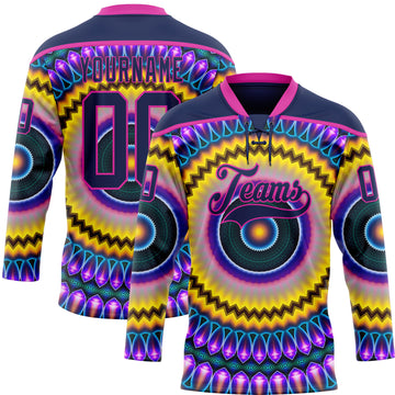 Custom Navy Purple Yellow-Deep Pink 3D Pattern Trippy Psychedelic Hockey Lace Neck Jersey