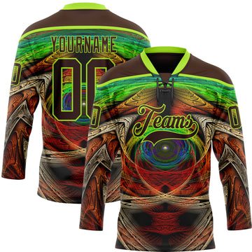 Custom Brown Neon Green Red-Blue 3D Pattern Trippy Psychedelic Hockey Lace Neck Jersey