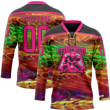 Custom Black Hot Pink Yellow-Green 3D Pattern Trippy Psychedelic Hockey Lace Neck Jersey